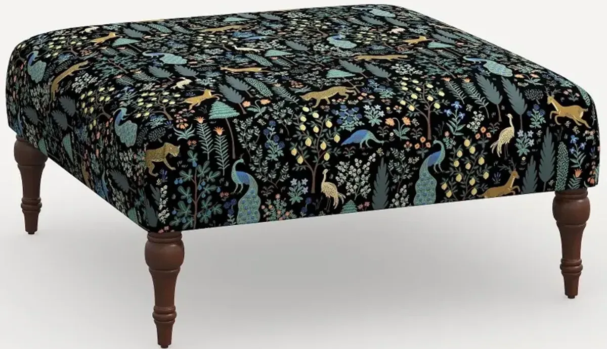 Rifle Paper Co. Greenwich Black Menagerie Ottoman with Espresso Legs