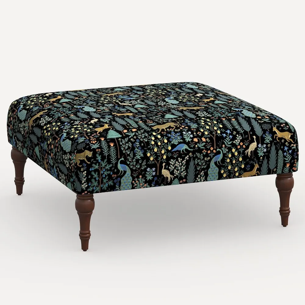 Rifle Paper Co. Greenwich Black Menagerie Ottoman with Espresso Legs