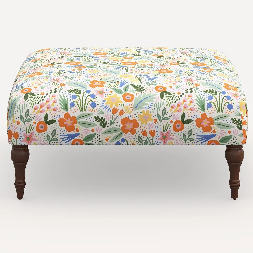 Rifle Paper Co. Greenwich Multi Color Floral Ottoman with Espresso...