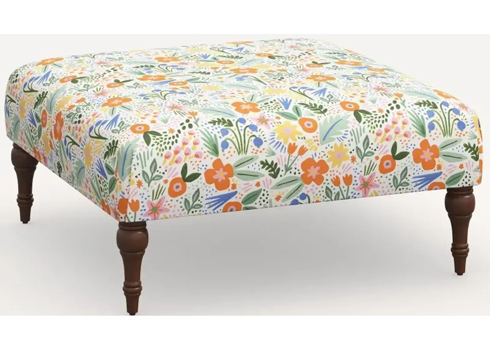 Rifle Paper Co. Greenwich Multi Color Floral Ottoman with Espresso...