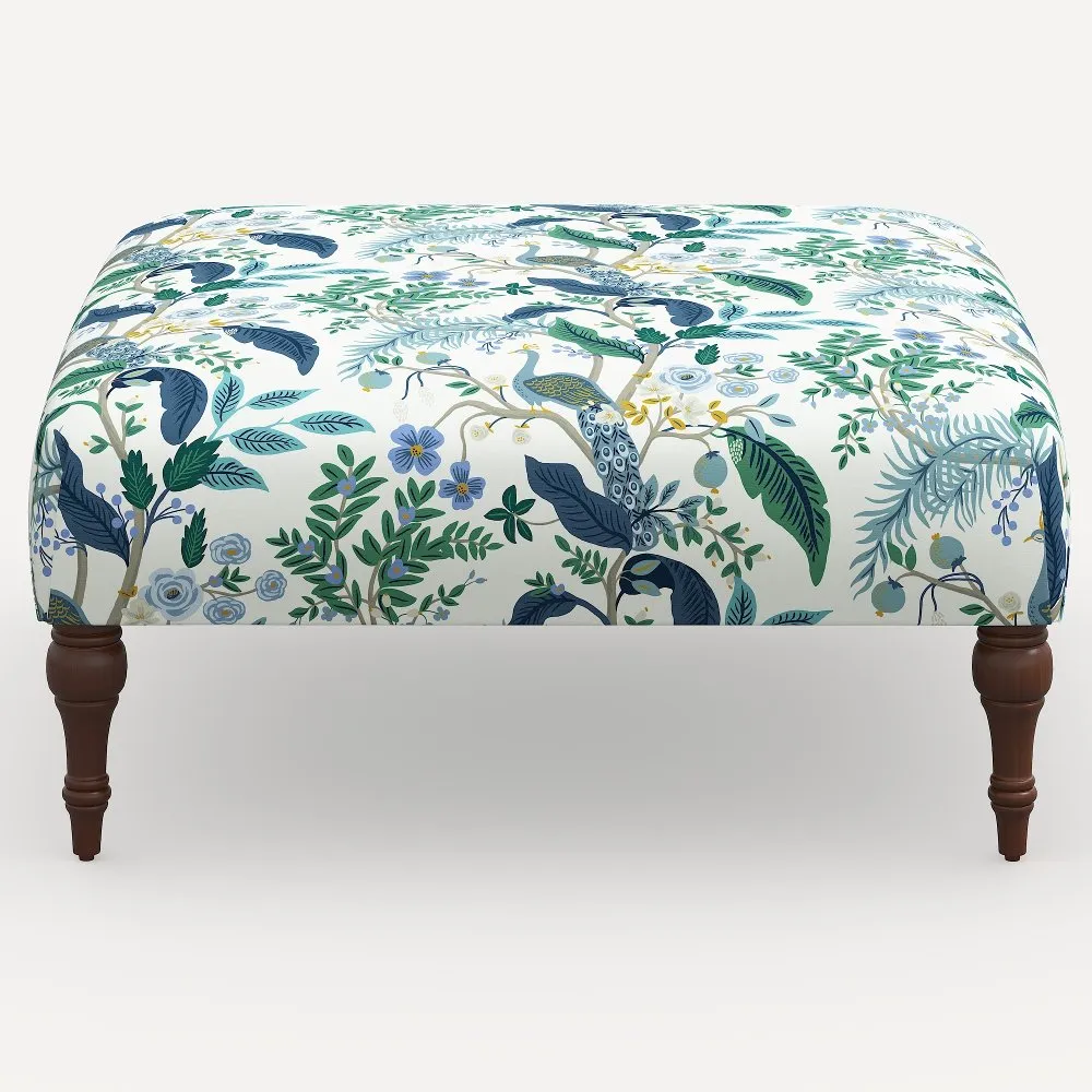 Rifle Paper Co. Greenwich Blue Peacock Ottoman with Espresso Legs