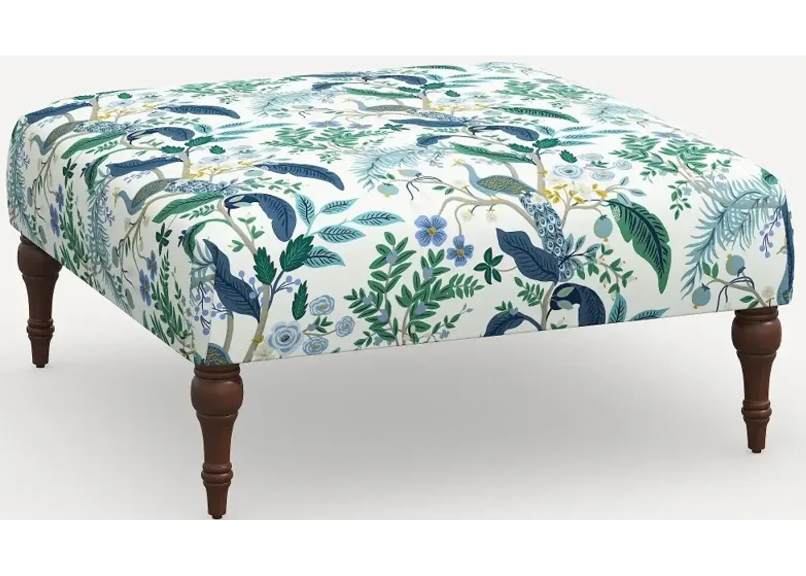 Rifle Paper Co. Greenwich Blue Peacock Ottoman with Espresso Legs