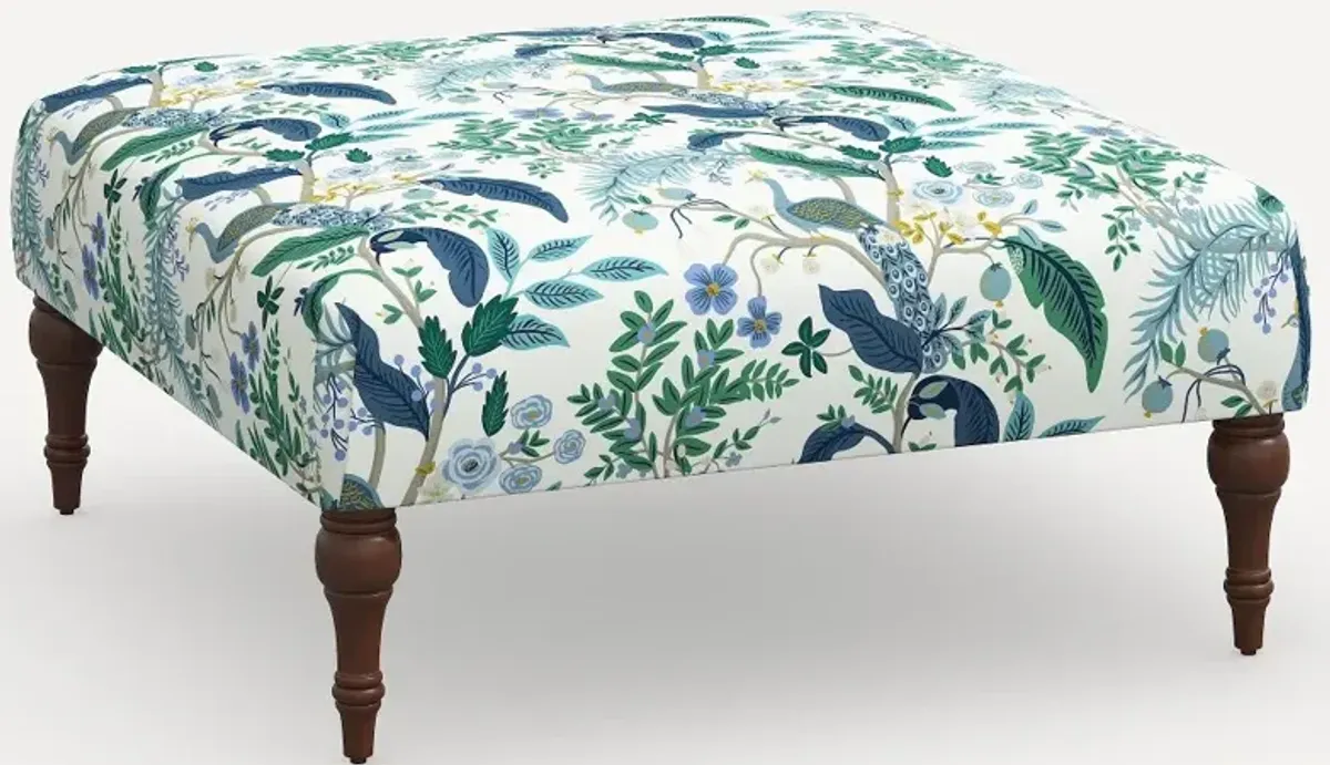 Rifle Paper Co. Greenwich Blue Peacock Ottoman with Espresso Legs