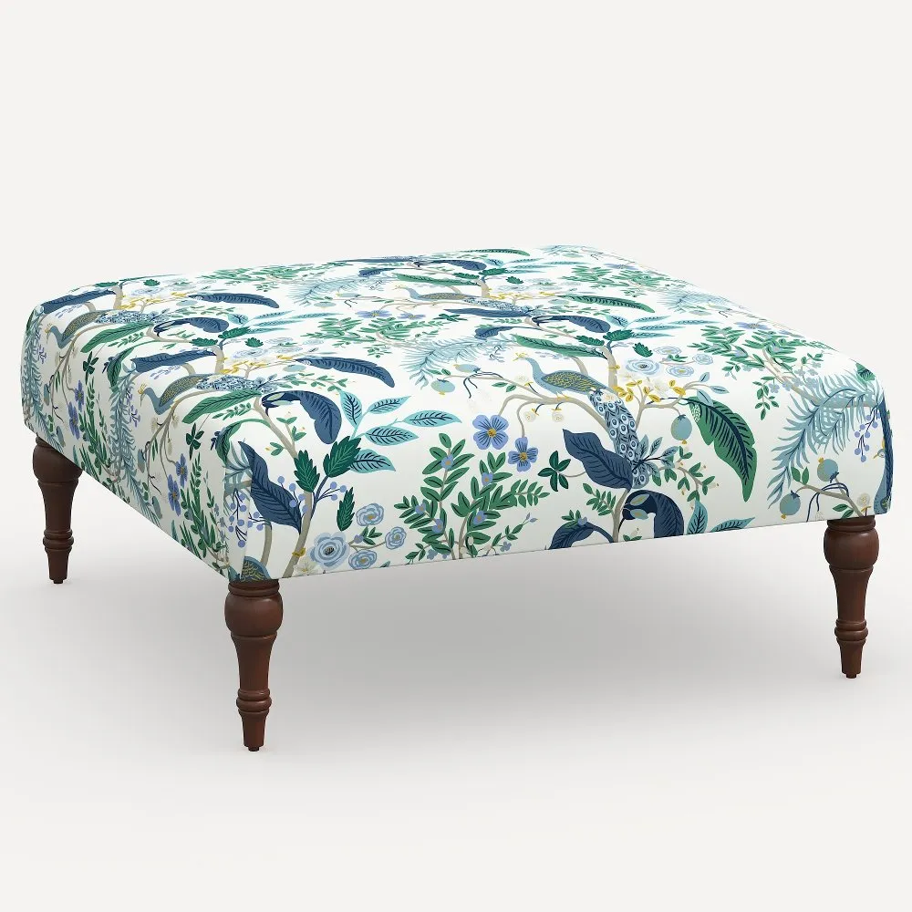 Rifle Paper Co. Greenwich Blue Peacock Ottoman with Espresso Legs