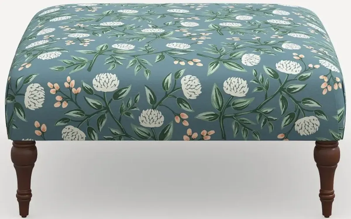 Rifle Paper Co. Greenwich Emerald Peonies Ottoman with Espresso Legs