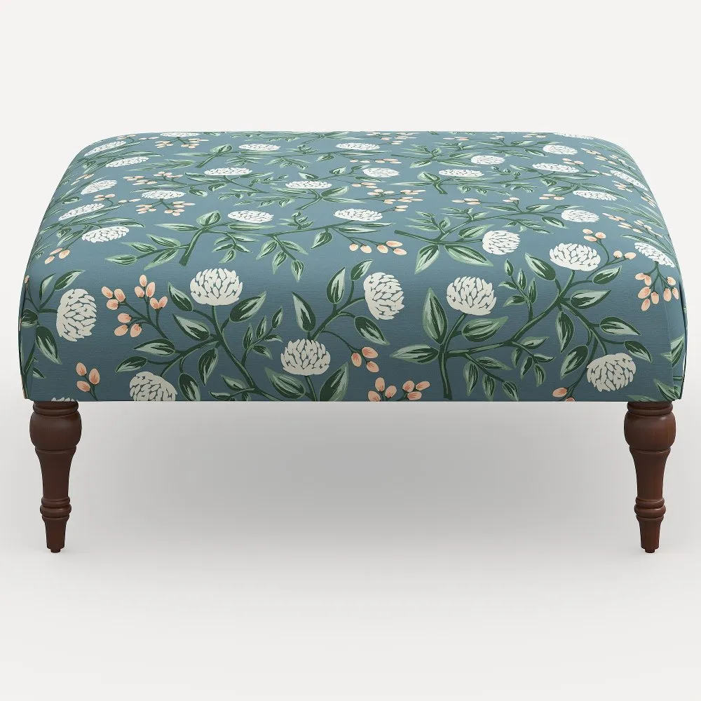 Rifle Paper Co. Greenwich Emerald Peonies Ottoman with Espresso Legs