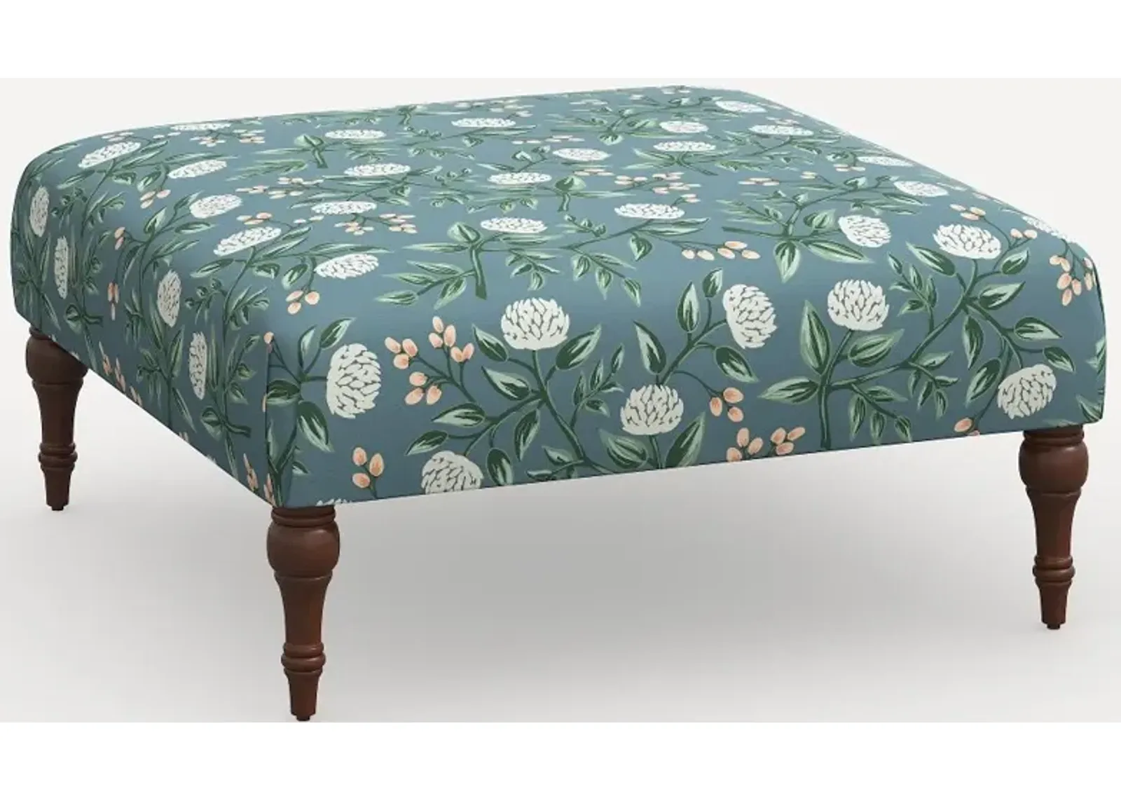 Rifle Paper Co. Greenwich Emerald Peonies Ottoman with Espresso Legs