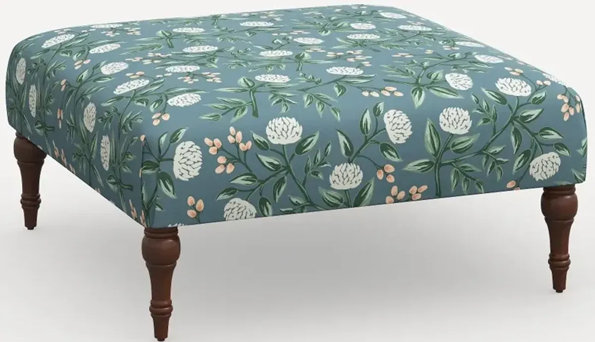 Rifle Paper Co. Greenwich Emerald Peonies Ottoman with Espresso Legs