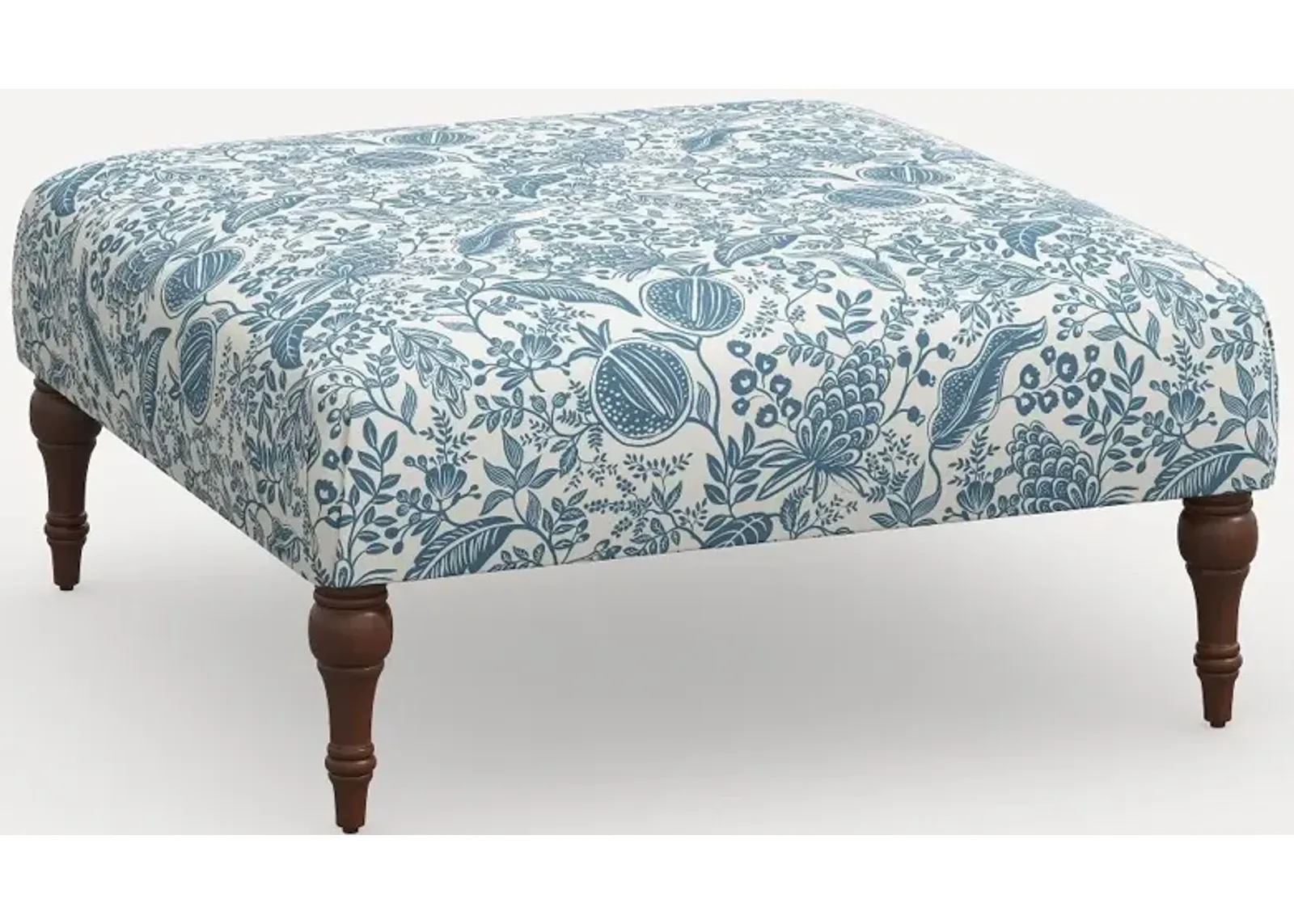 Rifle Paper Co. Greenwich Blue Pomegranate Ottoman with Espresso Legs