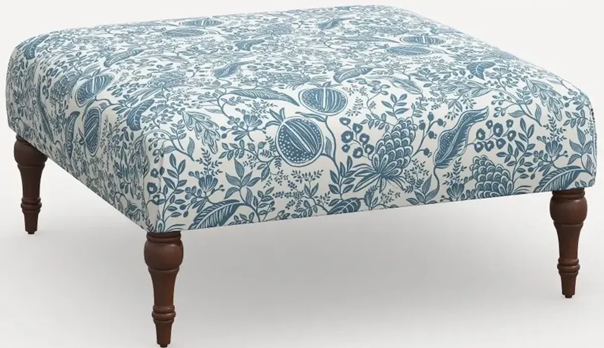 Rifle Paper Co. Greenwich Blue Pomegranate Ottoman with Espresso Legs