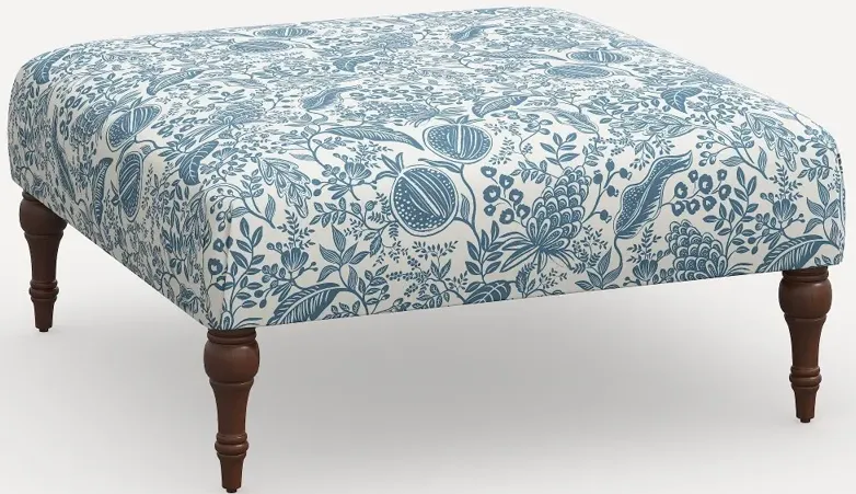 Rifle Paper Co. Greenwich Blue Pomegranate Ottoman with Espresso Legs