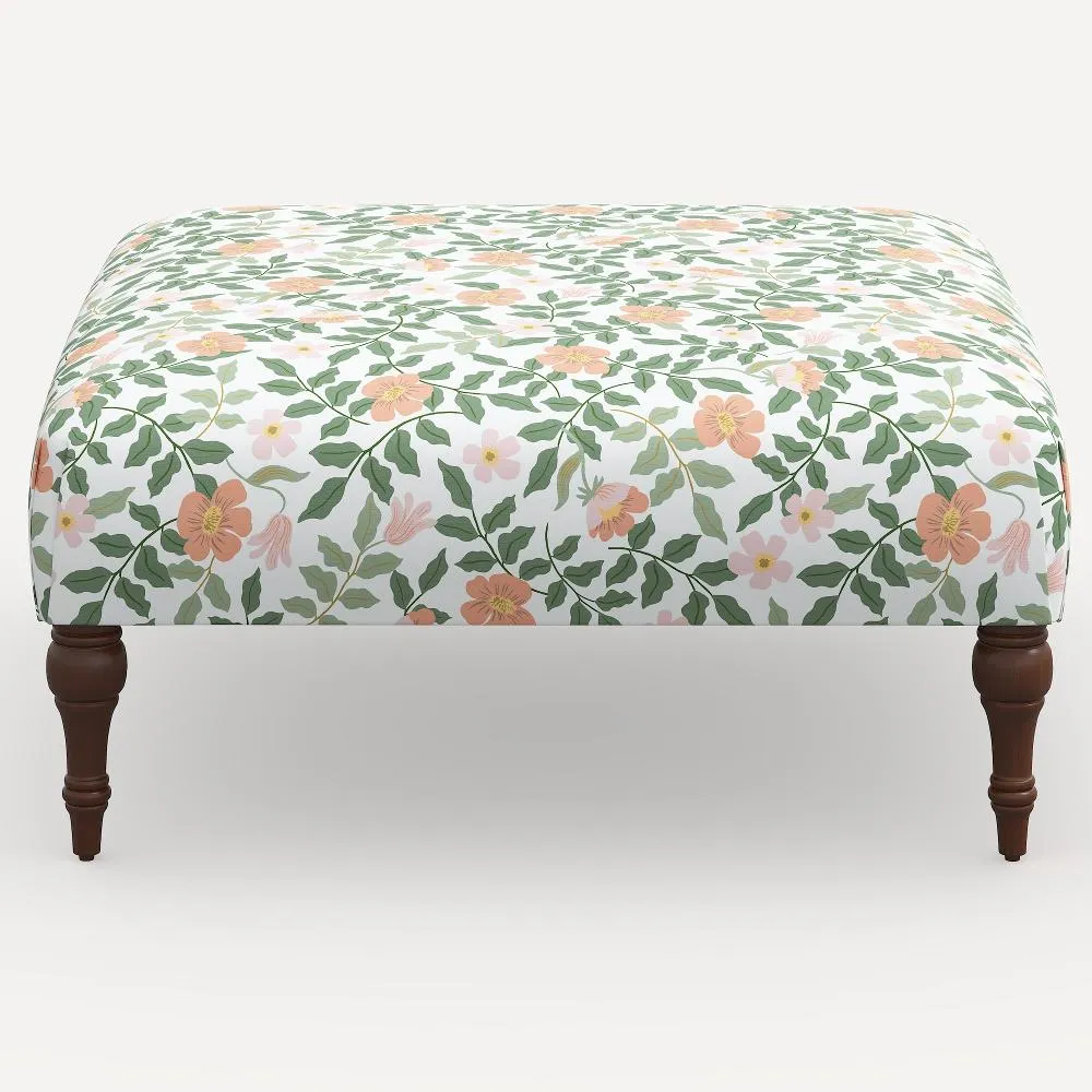 Rifle Paper Co. Greenwich Primrose Blush Ottoman with Espresso Legs