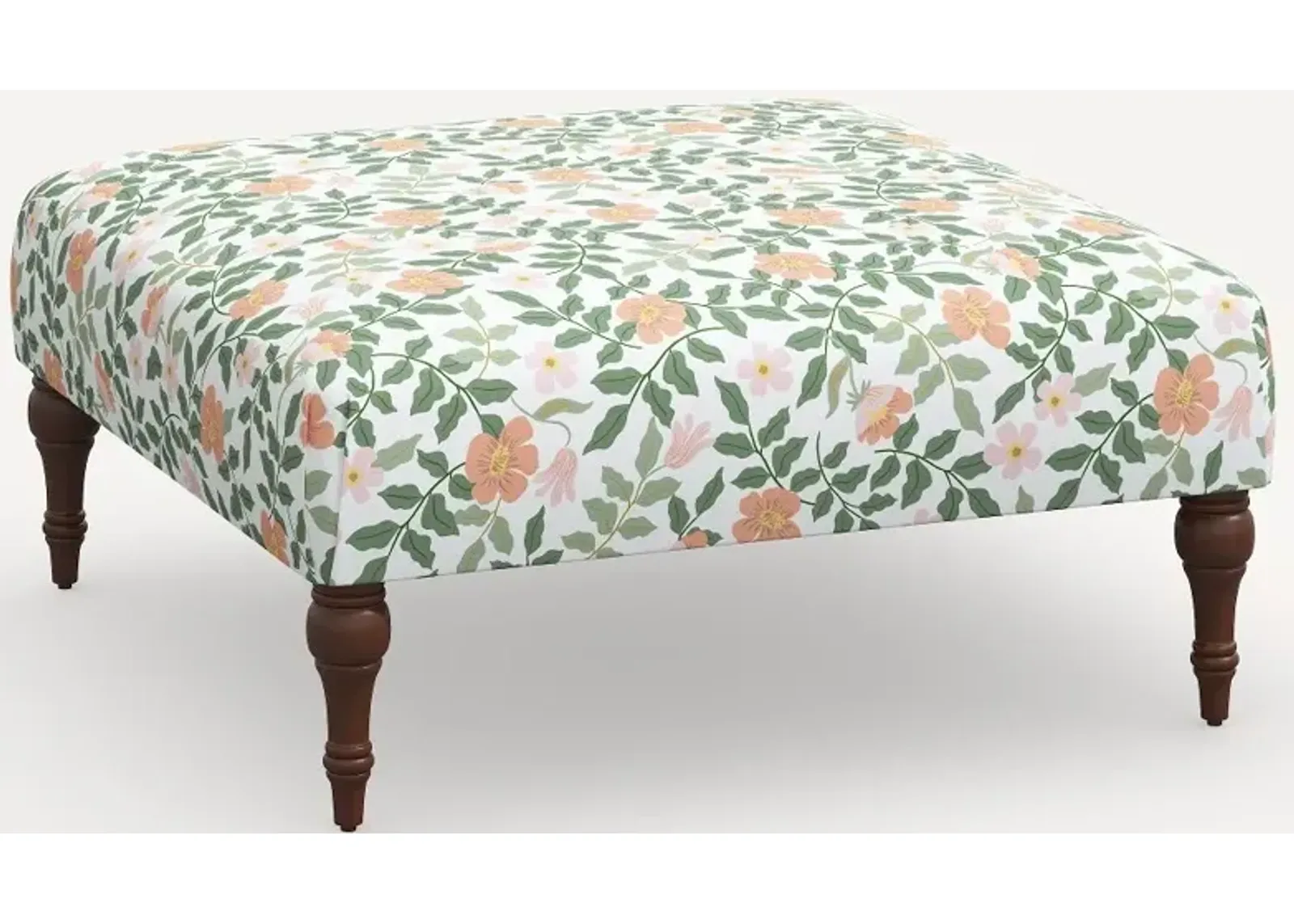 Rifle Paper Co. Greenwich Primrose Blush Ottoman with Espresso Legs