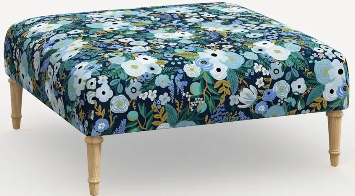 Rifle Paper Co. Greenwich Garden Party Blue Ottoman with Natural Legs