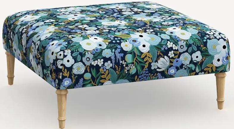 Rifle Paper Co. Greenwich Garden Party Blue Ottoman with Natural Legs