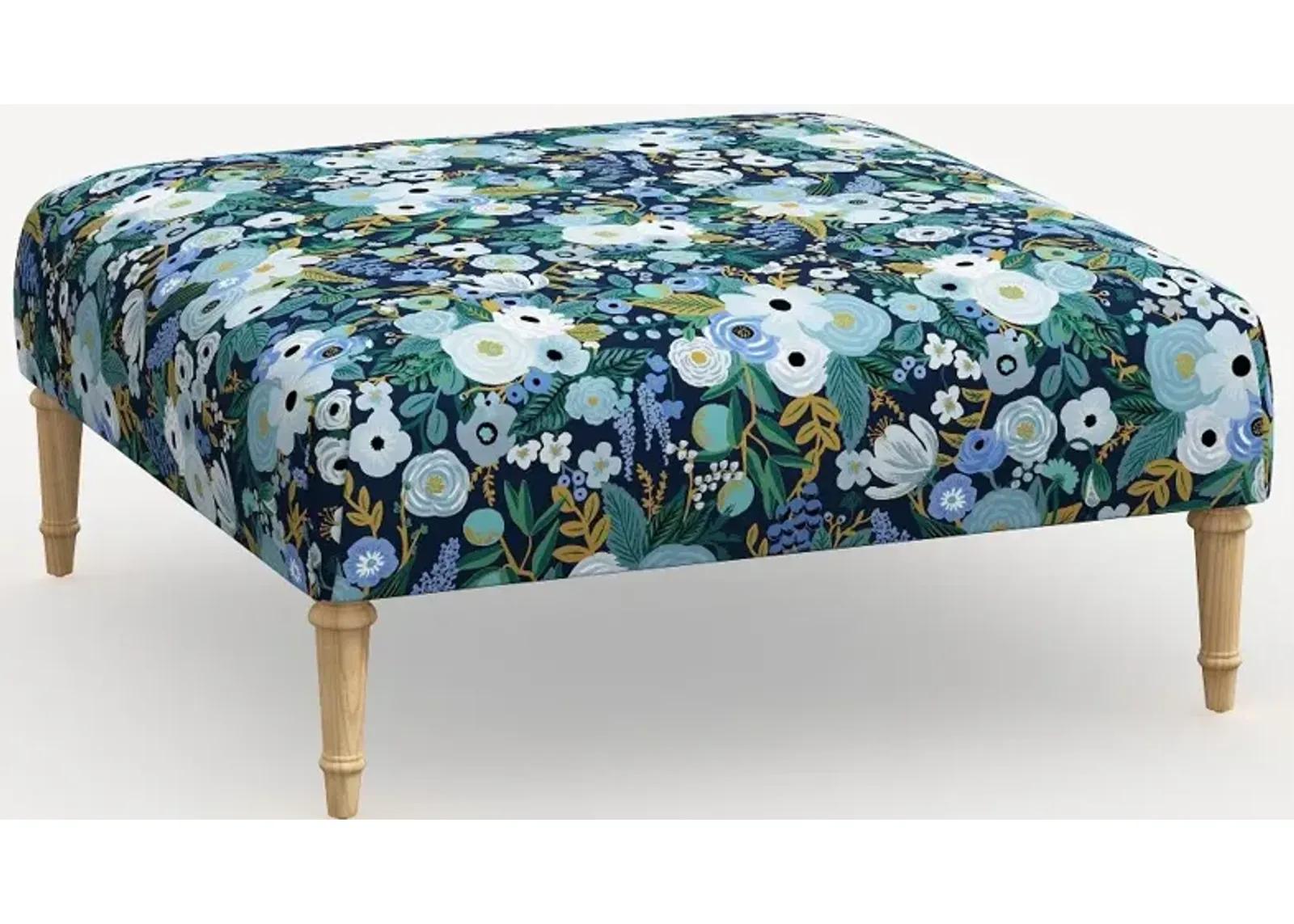 Rifle Paper Co. Greenwich Garden Party Blue Ottoman with Natural Legs