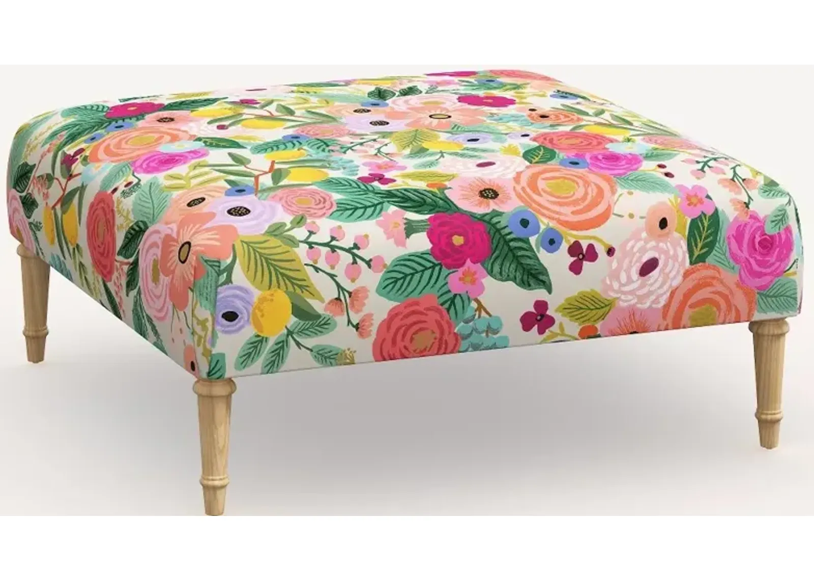 Rifle Paper Co. Greenwich Garden Party Pink Ottoman with Natural Legs