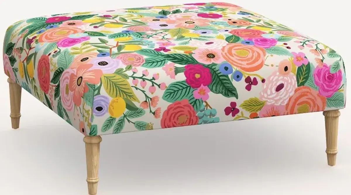 Rifle Paper Co. Greenwich Garden Party Pink Ottoman with Natural Legs