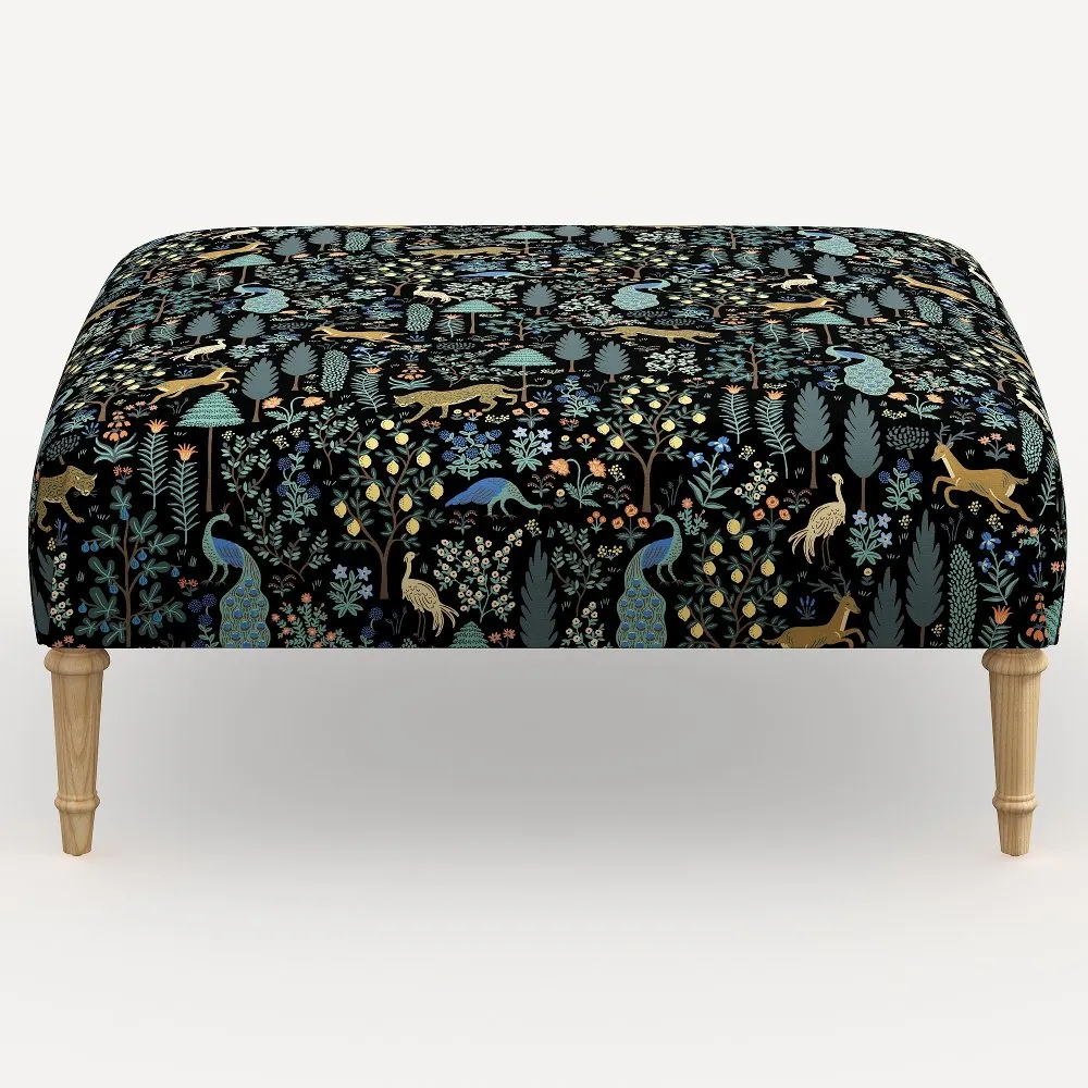 Rifle Paper Co. Greenwich Menagerie Black Ottoman with Natural Legs