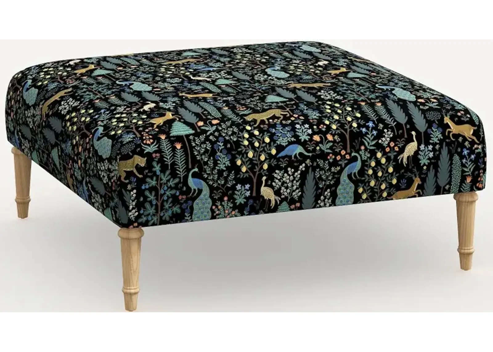 Rifle Paper Co. Greenwich Menagerie Black Ottoman with Natural Legs