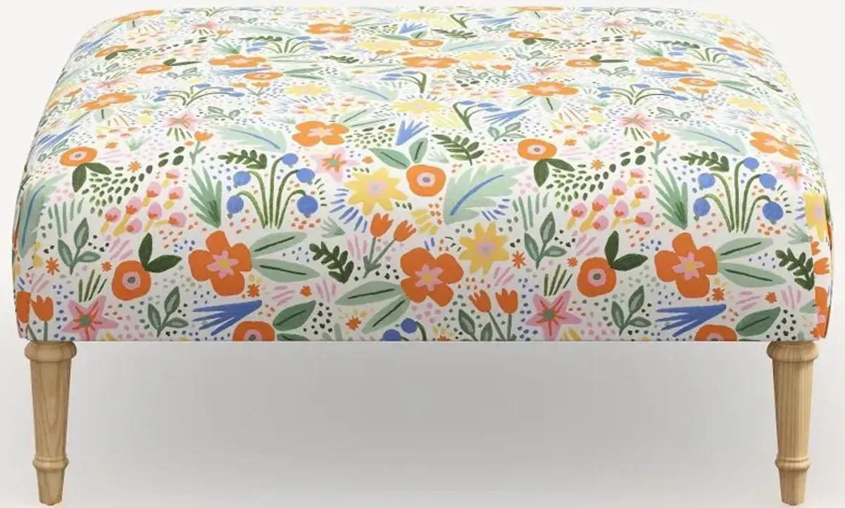 Rifle Paper Co. Greenwich Multi Color Floral Ottoman with Natural Legs