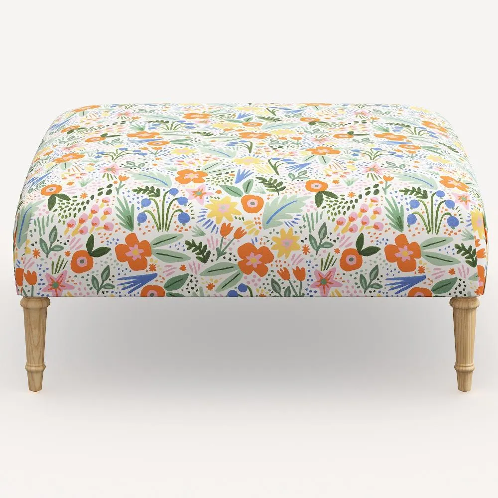 Rifle Paper Co. Greenwich Multi Color Floral Ottoman with Natural Legs