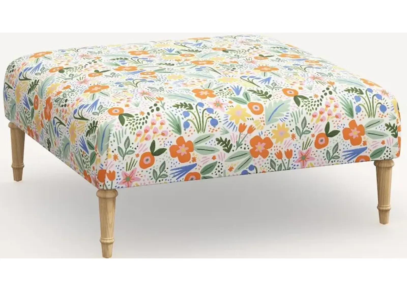 Rifle Paper Co. Greenwich Multi Color Floral Ottoman with Natural Legs