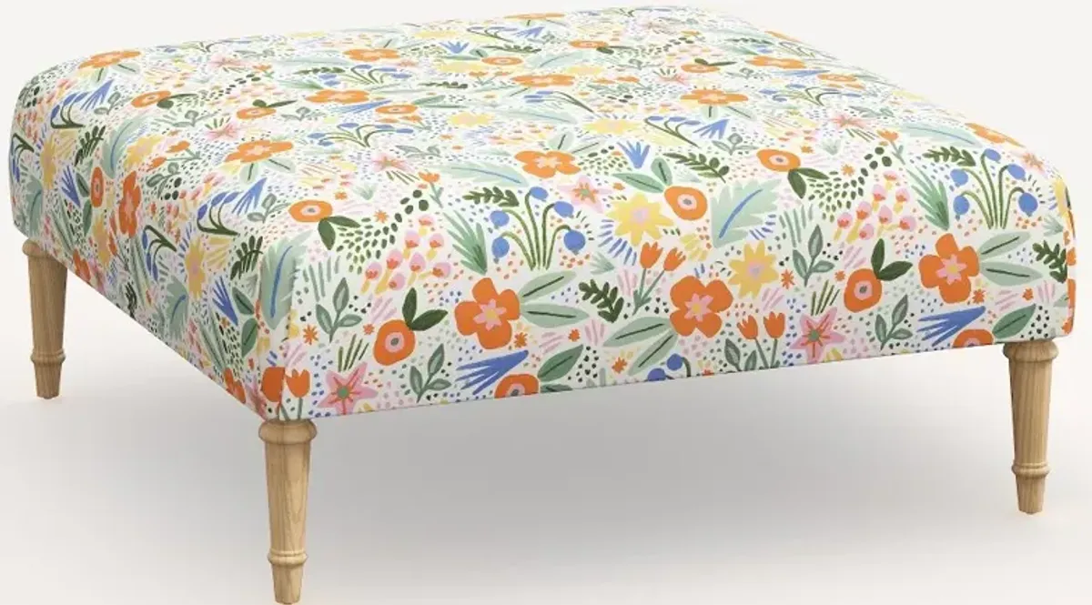 Rifle Paper Co. Greenwich Multi Color Floral Ottoman with Natural Legs