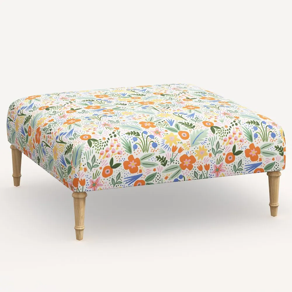 Rifle Paper Co. Greenwich Multi Color Floral Ottoman with Natural Legs