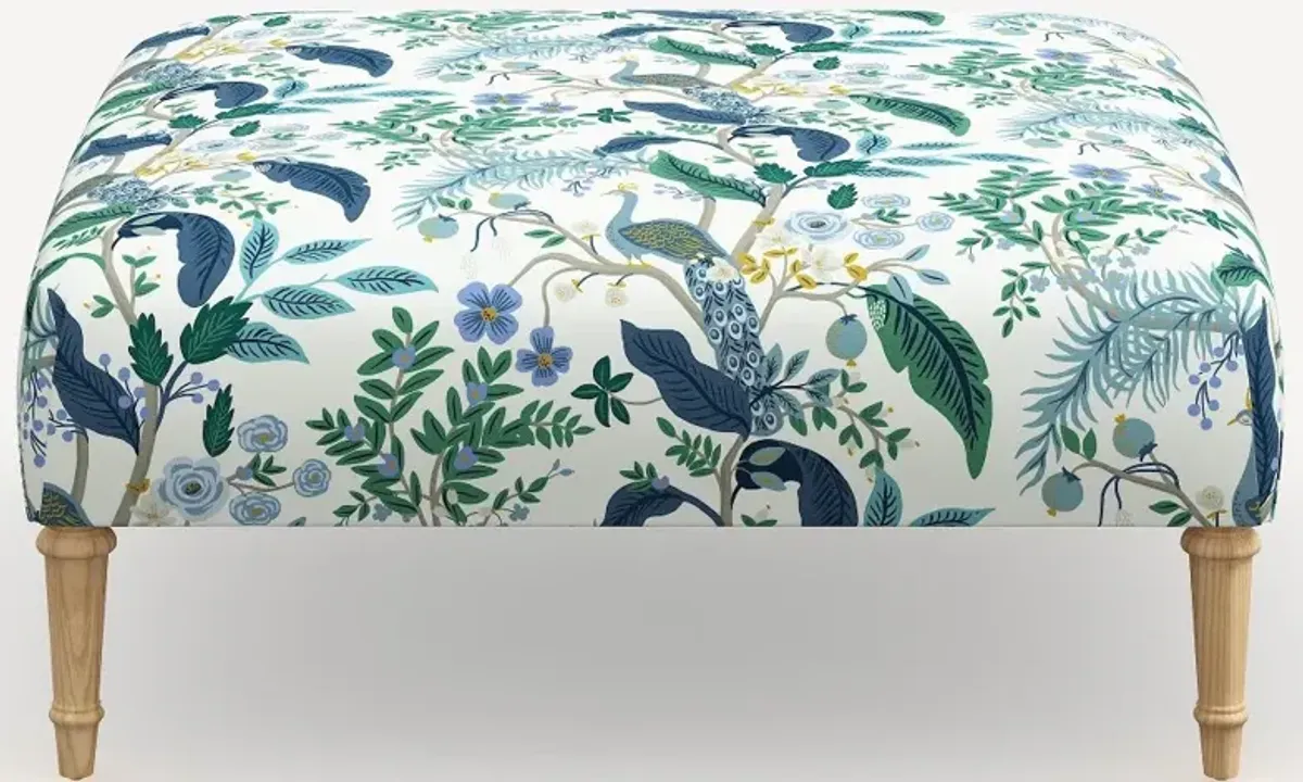 Rifle Paper Co. Greenwich Blue Peacock Ottoman with Natural Legs