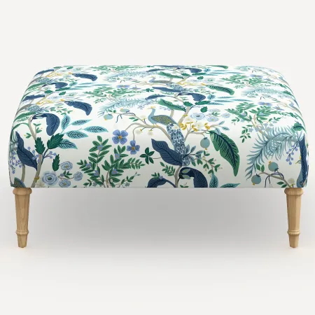 Rifle Paper Co. Greenwich Blue Peacock Ottoman with Natural Legs