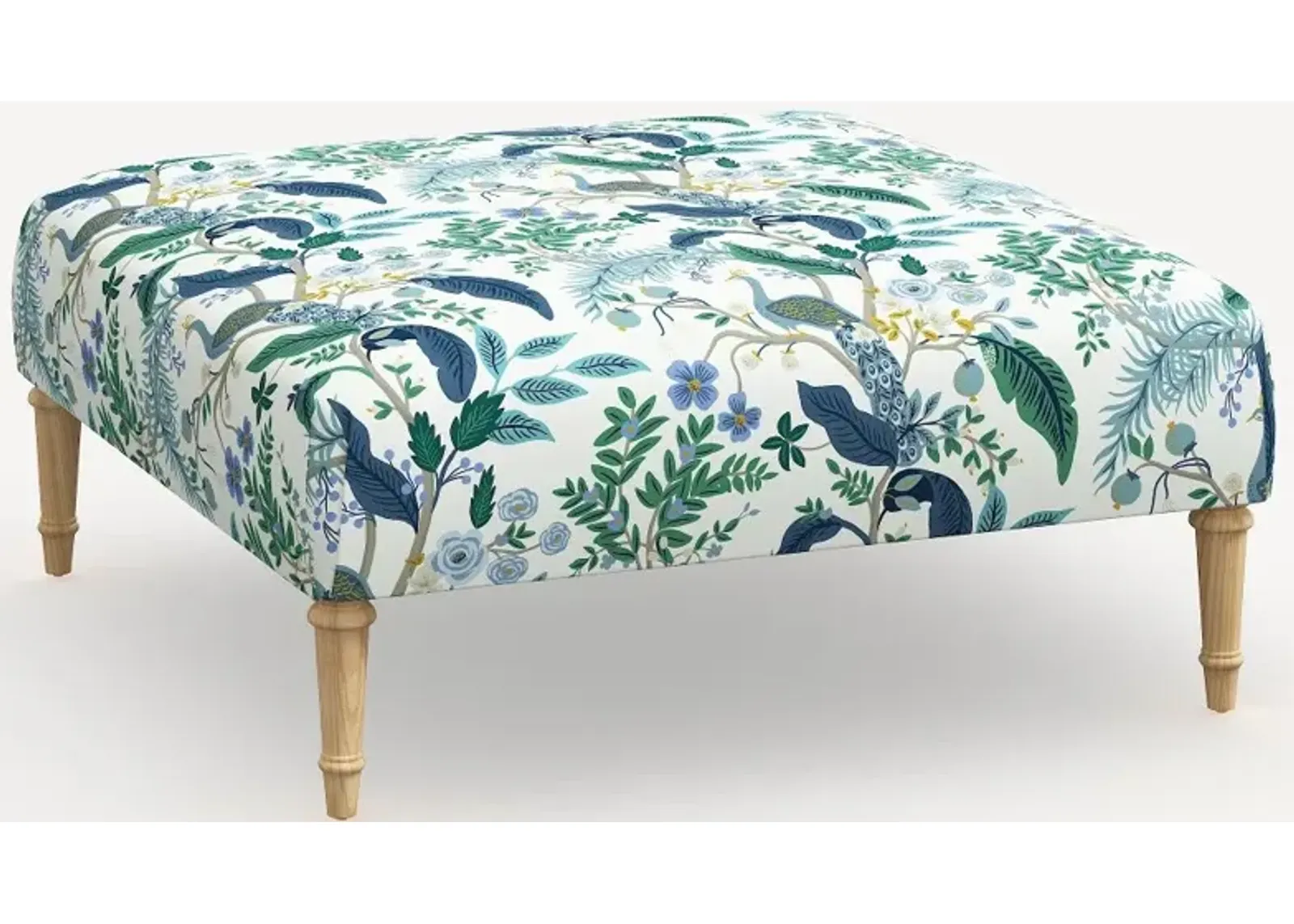 Rifle Paper Co. Greenwich Blue Peacock Ottoman with Natural Legs