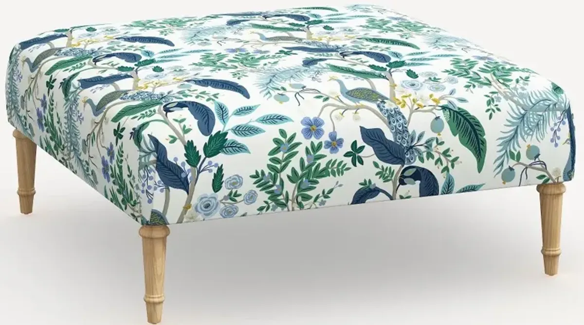 Rifle Paper Co. Greenwich Blue Peacock Ottoman with Natural Legs