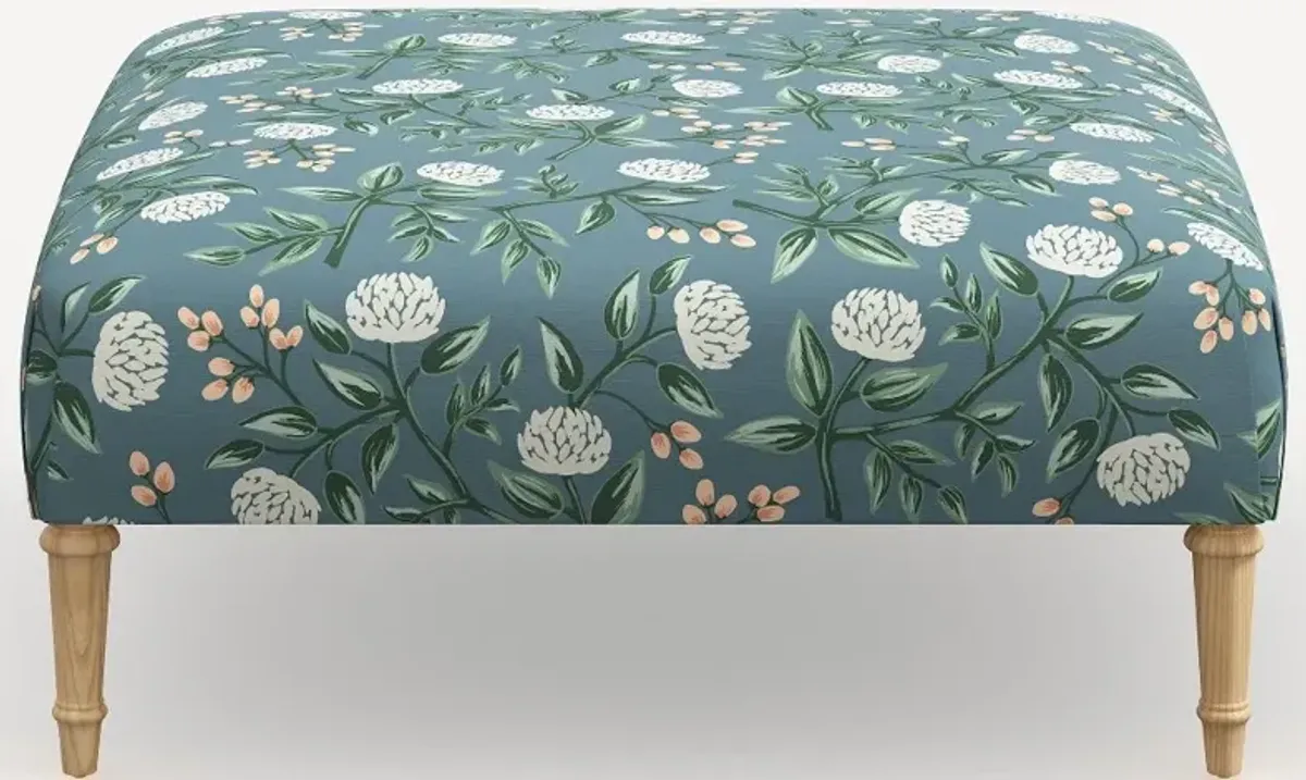 Rifle Paper Co. Greenwich Emeral Peonies Ottoman with Natural Legs