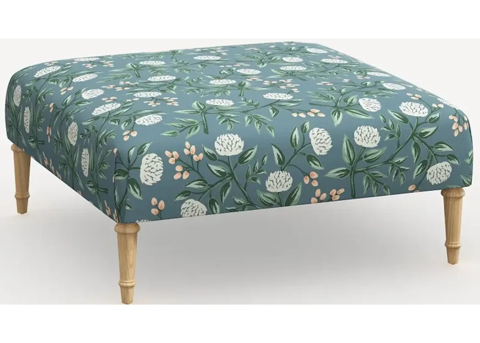 Rifle Paper Co. Greenwich Emeral Peonies Ottoman with Natural Legs