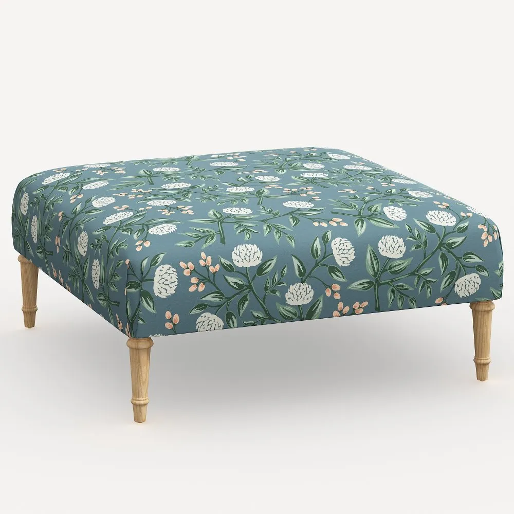 Rifle Paper Co. Greenwich Emeral Peonies Ottoman with Natural Legs