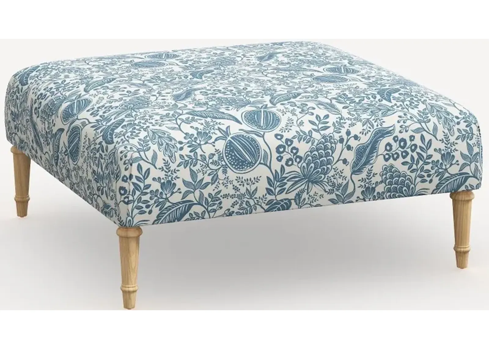 Rifle Paper Co. Greenwich Blue Pomegranate Ottoman with Natural Legs