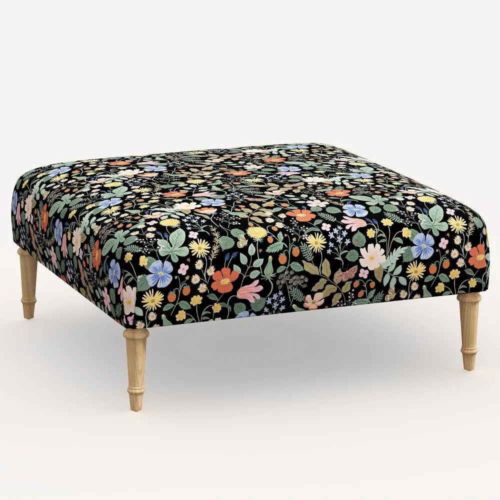 Rifle Paper Co. Greenwich Strawberry Fields Black Ottoman with...