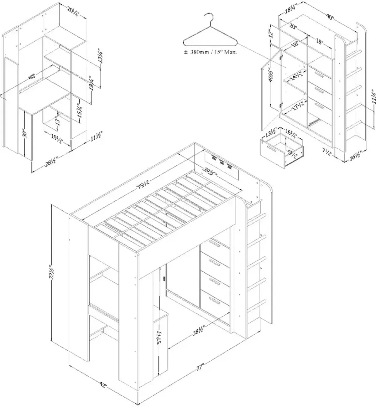 Logik White Twin Loft Bed with Desk