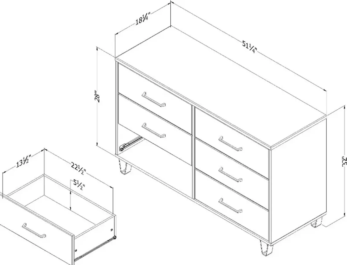 Arlen White Pine 6-Drawer Dresser