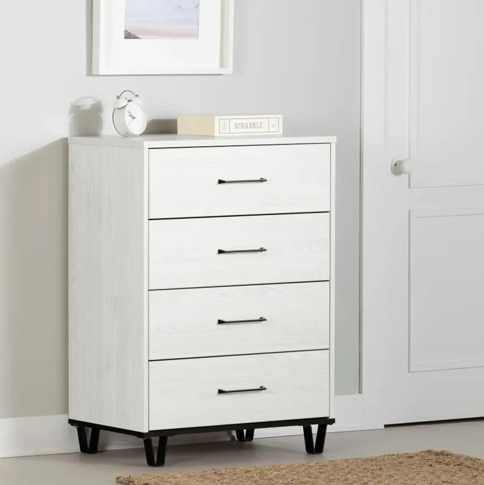 Arlen 4-Drawer Chest, White Pine and Black Matte