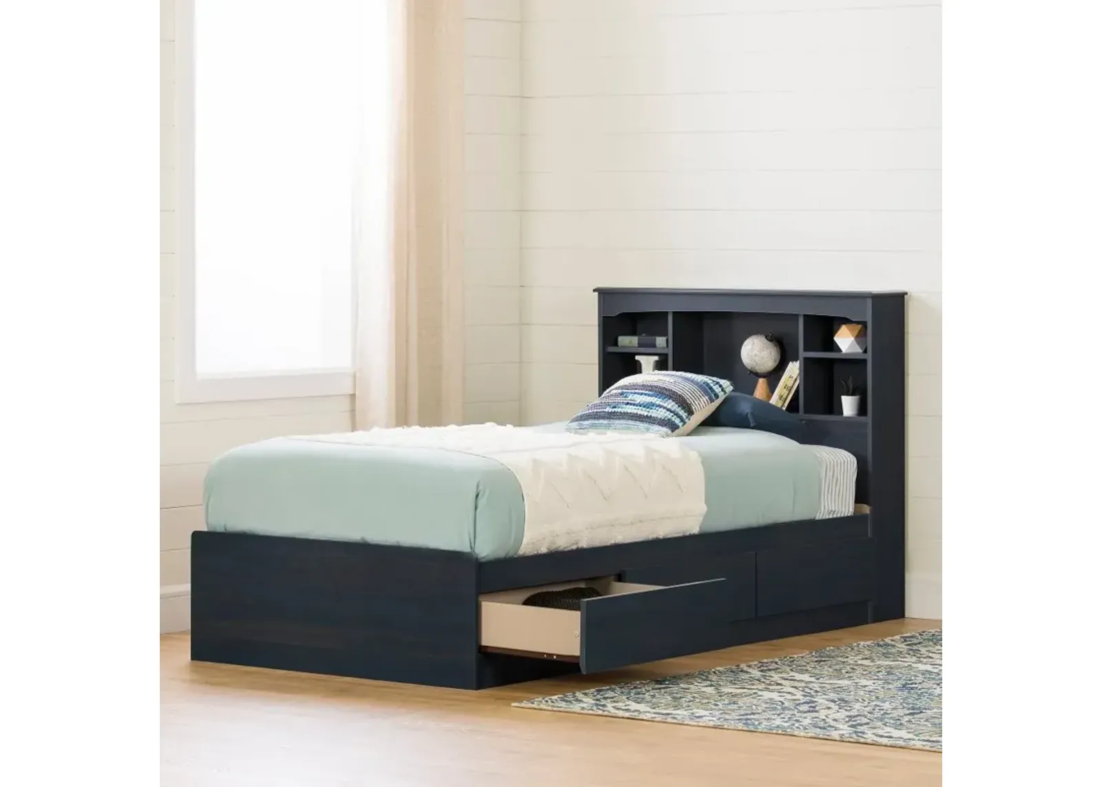 Aviron Blue Twin Storage Bed and Headboard