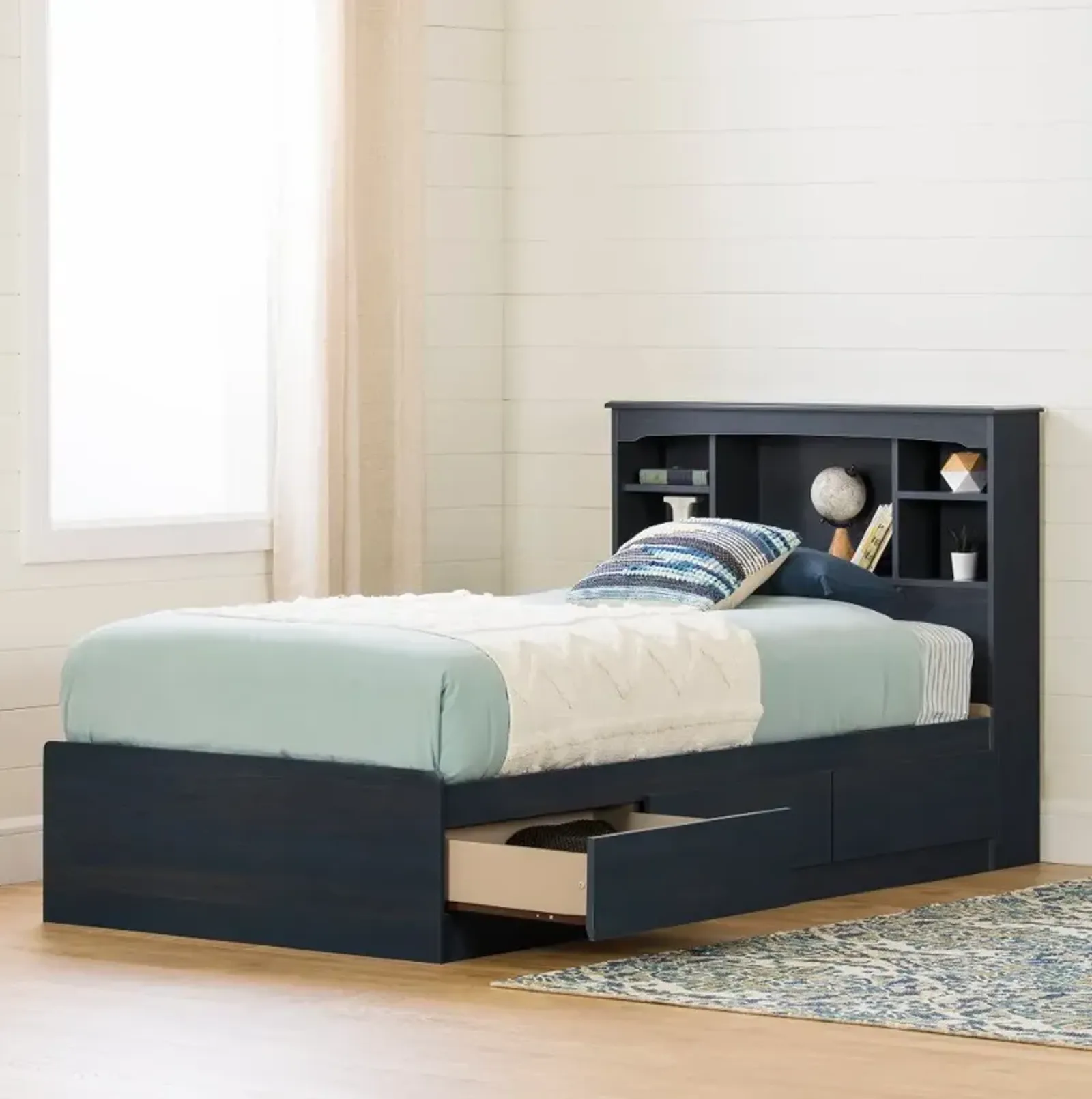 Aviron Blue Twin Storage Bed and Headboard