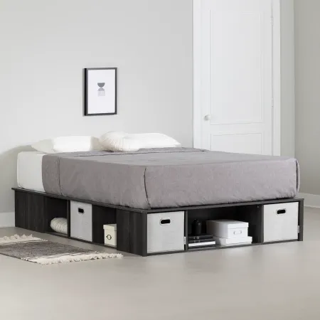 Flexible Gray Oak Full Platform Bed with Storage and Baskets