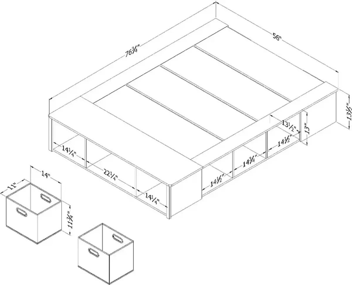 Flexible Gray Oak Full Platform Bed with Storage and Baskets