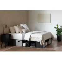 Flexible Gray Oak Full Platform Bed with Storage and Baskets