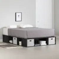 Flexible Gray Oak Queen Platform Bed with Storage and Baskets
