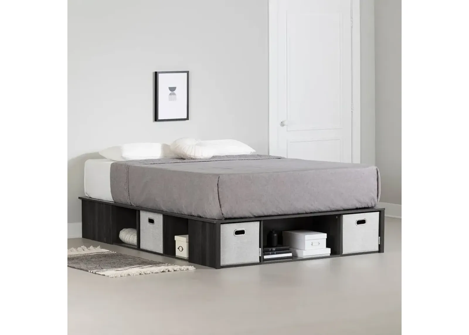 Flexible Gray Oak Queen Platform Bed with Storage and Baskets