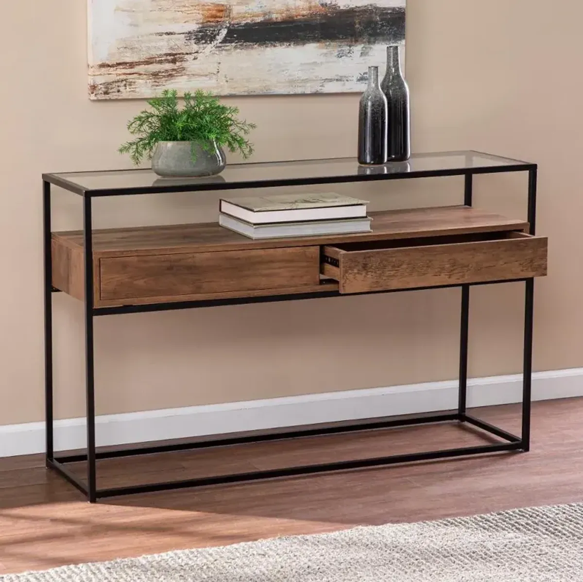 Olivern Glass-Top Industrial Console Table