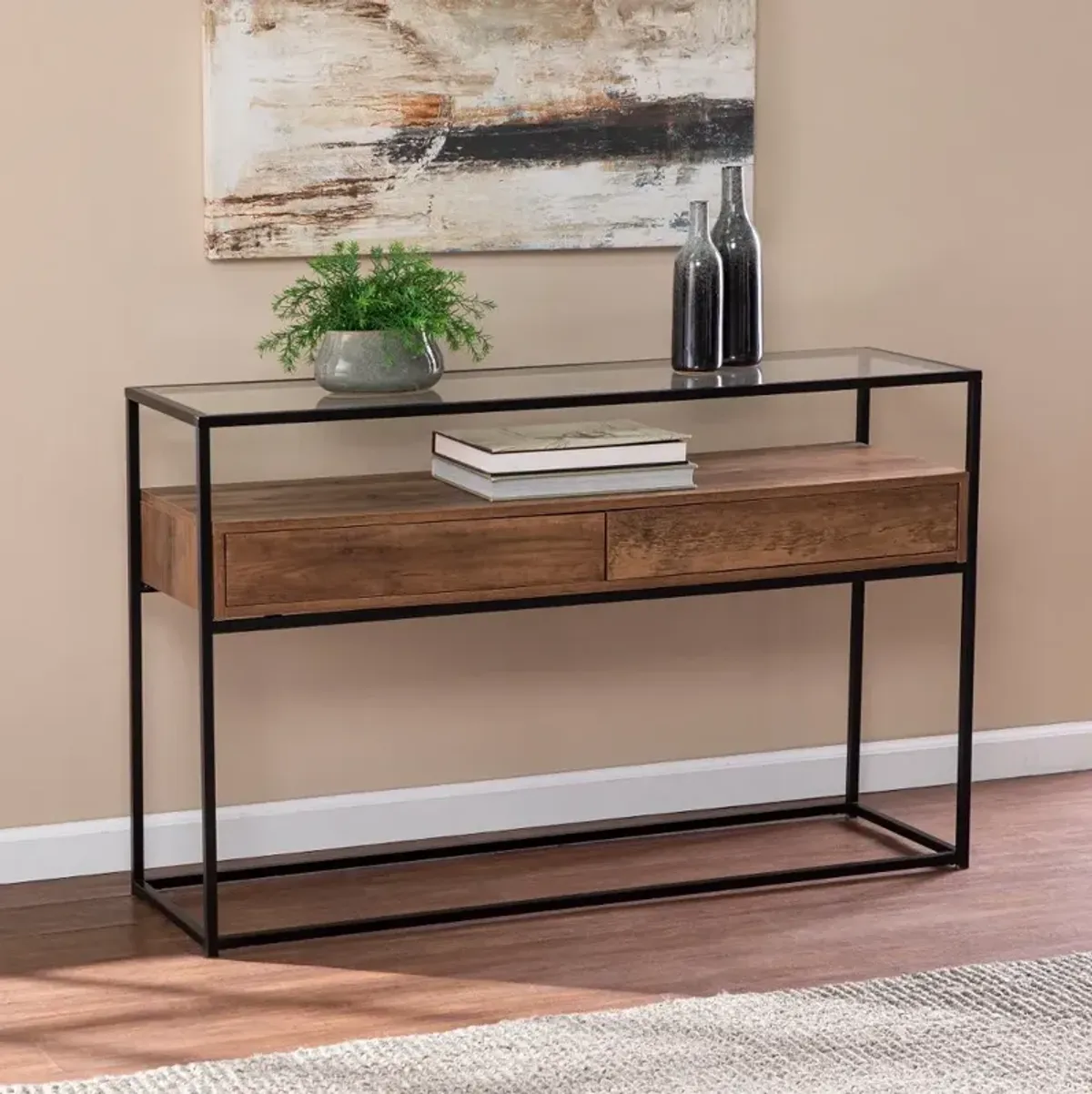 Olivern Glass-Top Industrial Console Table